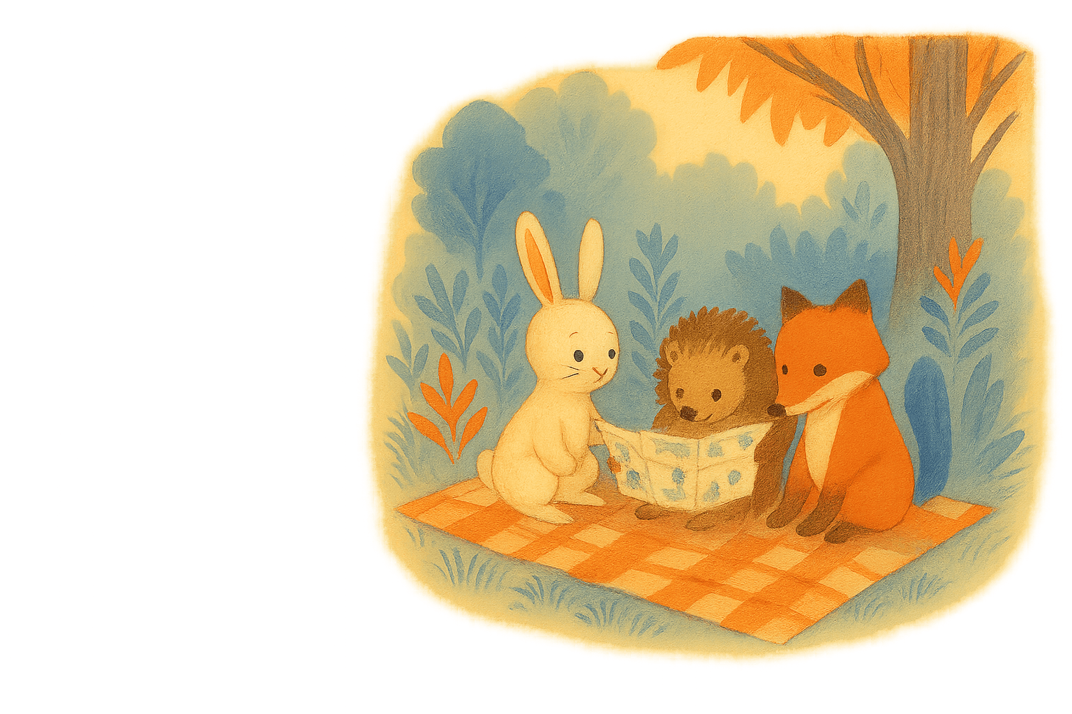 Woodland animals (bunny, hedgehog, and fox) sitting on a picnic blanket reading together in a dreamy forest setting